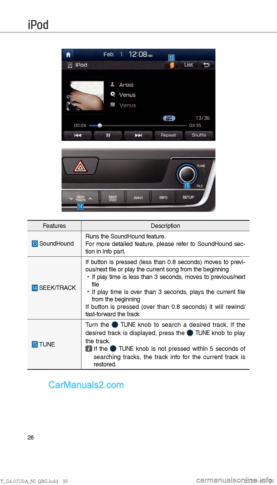 Hyundai Sonata 2016  Car Multimedia System Manual 26
FeaturesDescription
 SoundHoundRuns the SoundHound feature.
For more detailed feature, please refer to SoundHound sec-
tion in Info part.
 SEEK/TRACKIf button is pressed (less than 0.8 seconds) mov