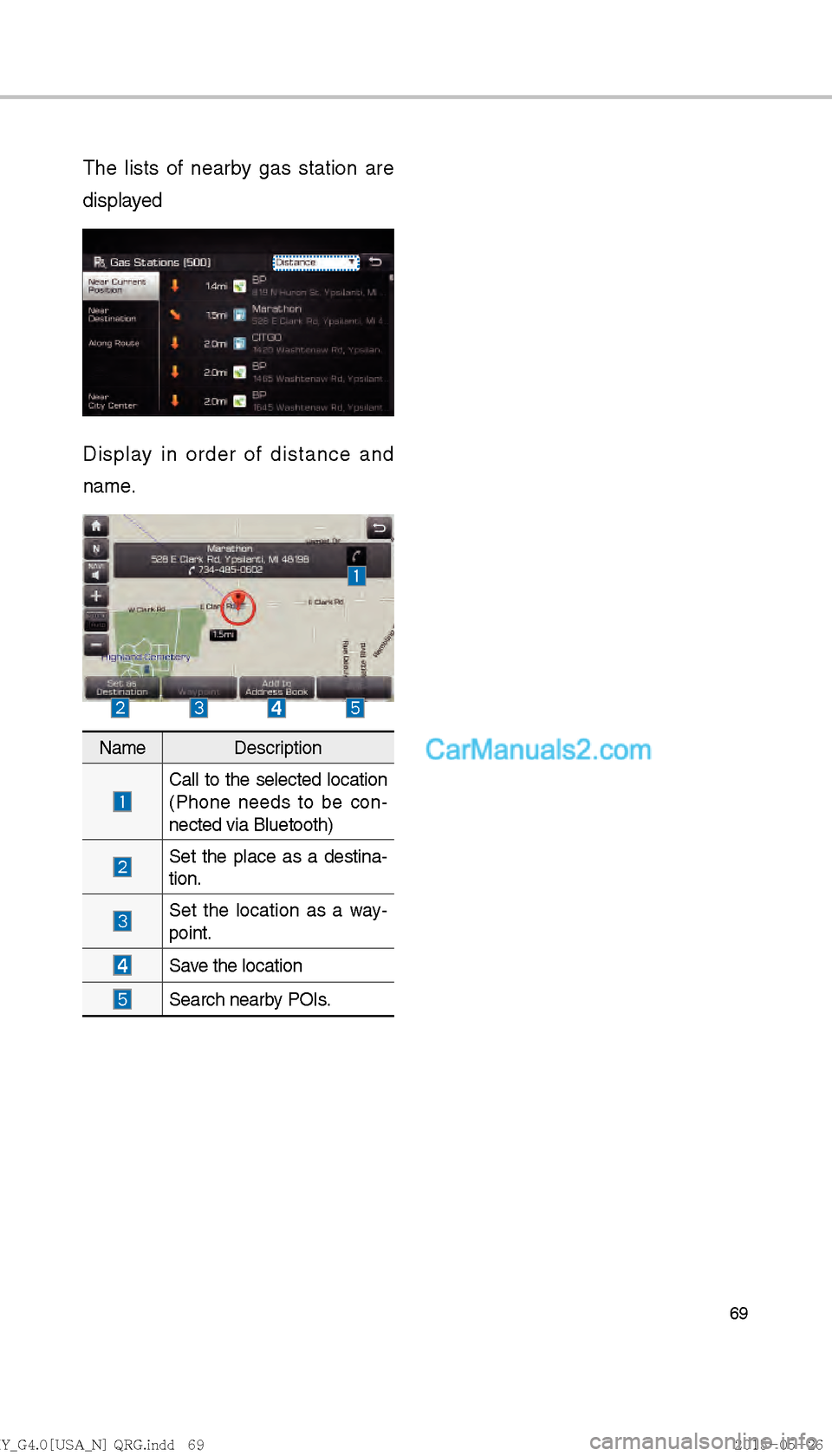 Hyundai Sonata 2016  Car Multimedia System Manual 69
The lists of nearby gas station are 
displayed
Display in order of distance and 
name.
Name Description
 Call to the selected location 
(Phone needs to be con-
nected via Bluetooth)
 
Set the place