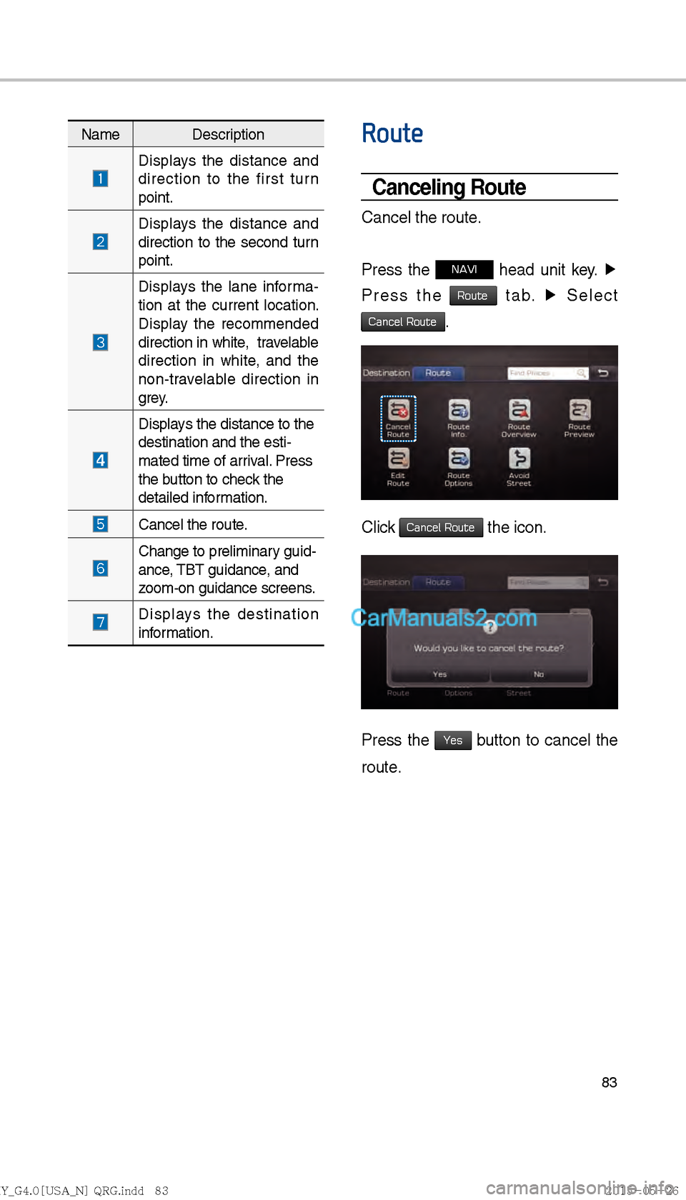 Hyundai Sonata 2016  Car Multimedia System Manual 83
Route
Canceling Route
Cancel the route.
Press the 
NAVI head unit key. ▶
 
Press the 
Route tab.  ▶
 Select   
Cancel Route.
Click Cancel Route the icon.
Press the Yes button to cancel the 
rou