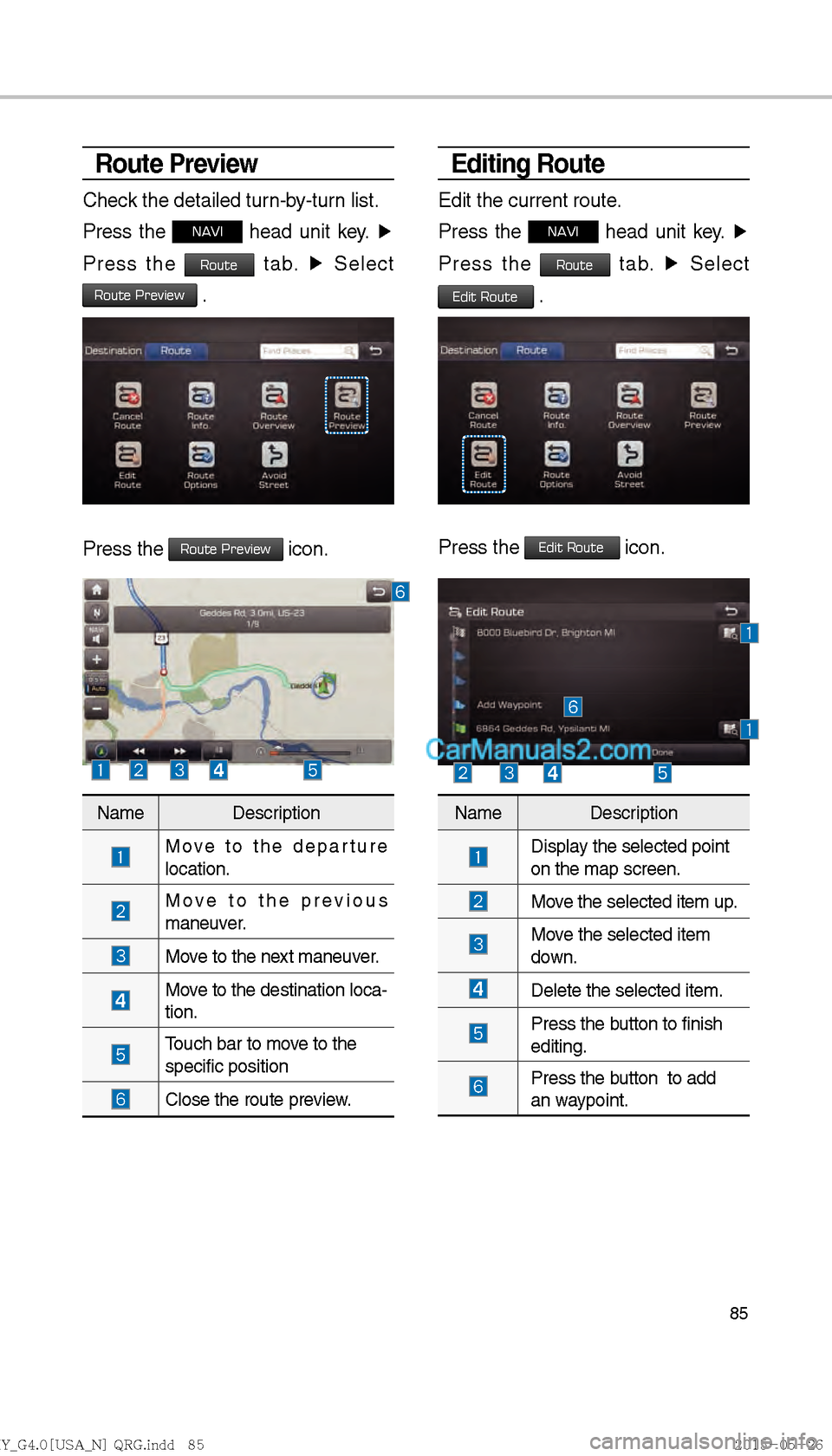 Hyundai Sonata 2016  Car Multimedia System Manual 85
Editing Route
Edit the current route.
Press the 
NAVI head unit key. ▶
 
Press the 
Route tab.  ▶
 Select   
Edit Route .
Press the Edit Route icon.
Route Preview
Check the detailed turn-by-tur