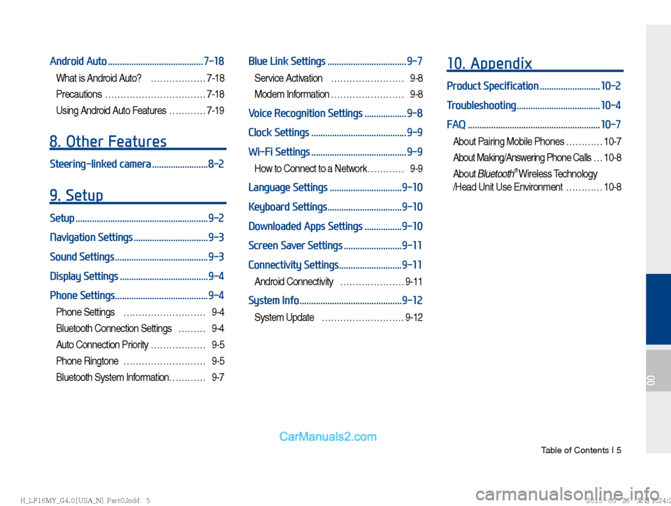 Hyundai Sonata 2016  Car Multimedia System Manual  Table of Contents I 5
00
Android Auto .........................................7-18
What is Android Auto?  ……………… 7-18
Precautions …………………………… 7-18
Using Android Aut