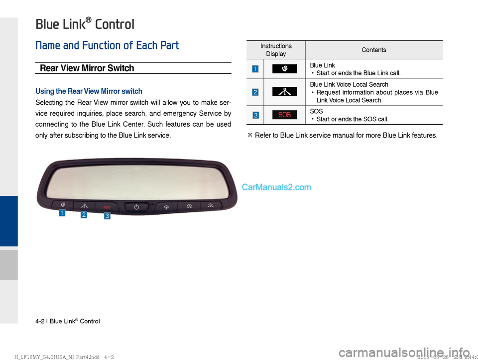 Hyundai Sonata 2016  Car Multimedia System Manual 4-2 I Blue Link® Control
Blue Link® Control
Rear View Mirror Switch
Using the Rear View Mirror switch
Selecting the Rear View mirror switch will allow you to make ser-
vice required inquiries, place