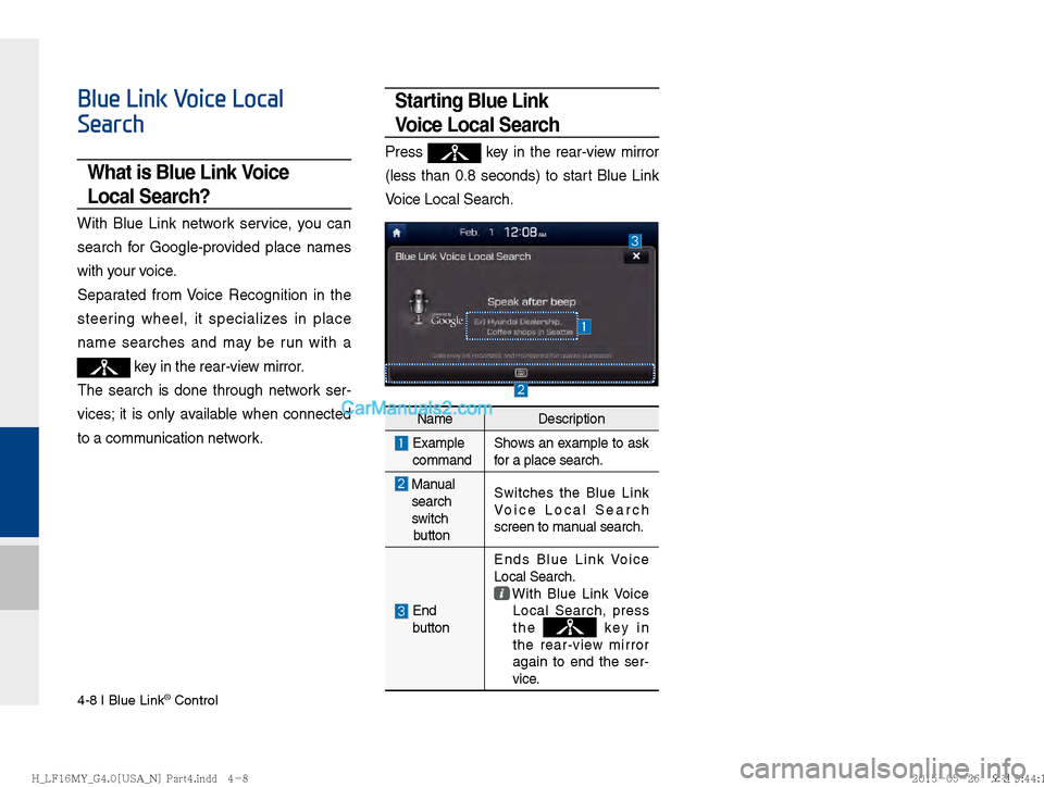 Hyundai Sonata 2016  Car Multimedia System Manual 4-8 I Blue Link® Control
Blue Link Voice Local 
Search
What is Blue Link Voice 
Local Search?
With Blue Link network service, you can 
search for Google-provided place names 
with your voice.
Separat