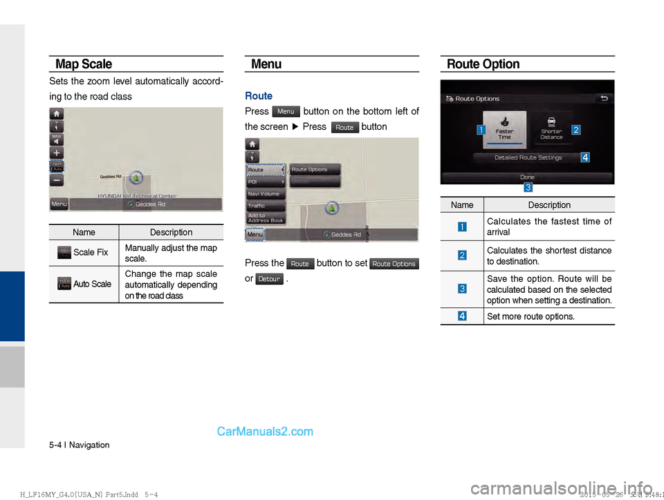 Hyundai Sonata 2016  Car Multimedia System Manual 5-4 I Navigation
Map Scale
Sets the zoom level automatically accord-
ing to the road class
NameDescription
 
 Scale Fix Manually adjust the map 
scale. 
 
 Auto Scale Change the map scale 
automatical