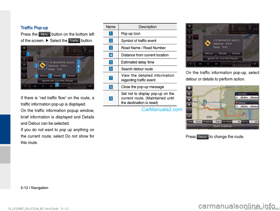 Hyundai Sonata 2016  Car Multimedia System Manual 5-12 I Navigation
Trafﬁ c Pop-up
Press the Menu button on the bottom left 
of the screen.  ▶
 Select the 
Traffic button.
If there is “red traffic flow” on the route, a 
traffic information po