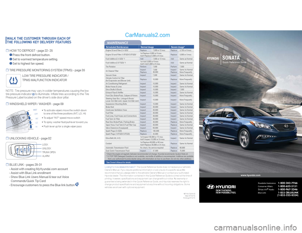 Hyundai Sonata 2016  Quick Reference Guide MAINTENANCE
NP150-F2016-B
(Rev 07/16/15)
Printing 07/19/15
☐ BLUE LINK
 -
 pages 29-31
     -   Assist with creating MyHyundai.com account
   - Assist with Blue Link enrollment
   - Show Blue Link U
