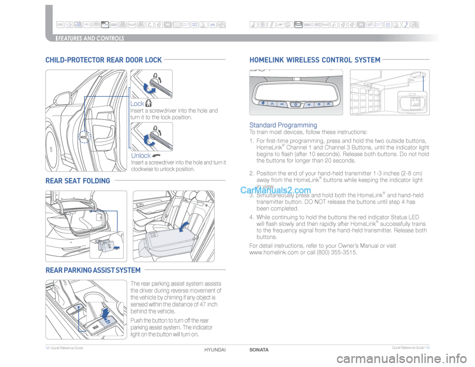 Hyundai Sonata 2016  Quick Reference Guide �2�V�J�D�L��3�F�G�F�S�F�O�D�F��(�V�J�E�F��*�13
12��*��2�V�J�D�L��3�F�G�F�S�F�O�D�F��(�V�J�E�F��
SONATA HYUNDAI 
FEATURES AND CONTROLS
HOMELINK  WIRELESS  CONTROL  SYSTEMStandard Programming 