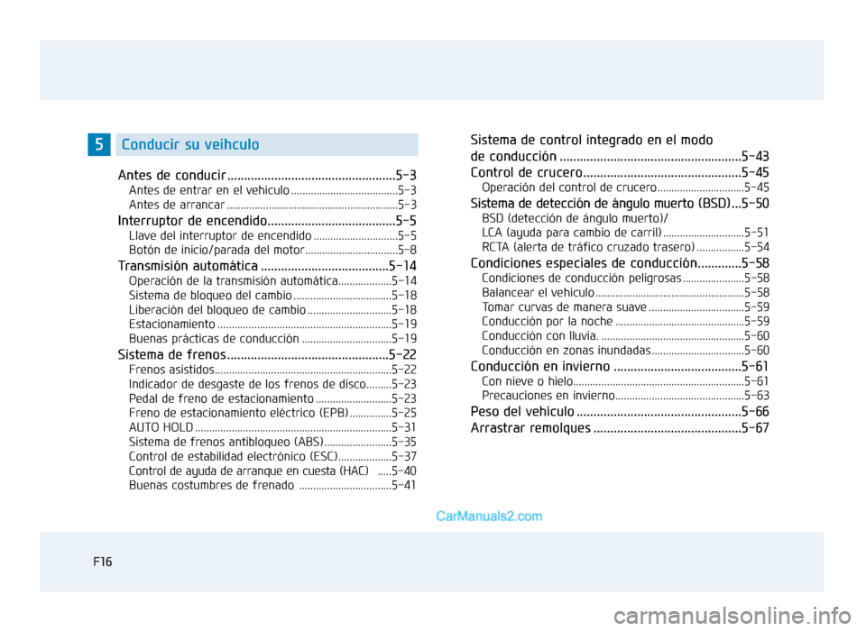 Hyundai Sonata 2016 Manual del propietario (in Spanish) F16
Antes de conducir ..................................................5-3
Antes de entrar en el vehículo ......................................5-3
Antes de arrancar ................................ Hyundai Sonata 2016 Manual del propietario (in Spanish) F16
Antes de conducir ..................................................5-3
Antes de entrar en el vehículo ......................................5-3
Antes de arrancar ................................
