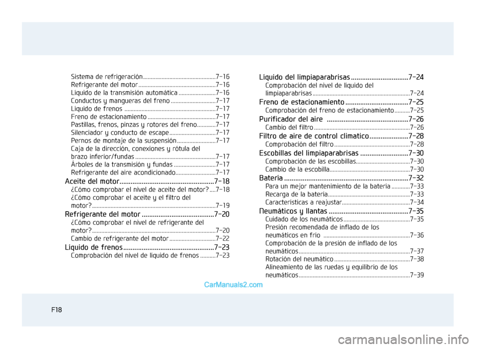 Hyundai Sonata 2016 Manual del propietario (in Spanish) F18F18Sistema de refrigeración ...............................................7-16
Refrigerante del motor ..................................................7-16
Líquido de la transmisión automátic Hyundai Sonata 2016 Manual del propietario (in Spanish) F18F18Sistema de refrigeración ...............................................7-16
Refrigerante del motor ..................................................7-16
Líquido de la transmisión automátic