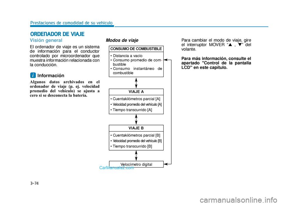 Hyundai Sonata 2016 Manual del propietario (in Spanish) 3-74
Prestaciones de comodidad de su vehículo
Visión general
El ordenador de viaje es un sistema
de información para el conductor
controlado por microordenador que
muestra información relacionada Hyundai Sonata 2016 Manual del propietario (in Spanish) 3-74
Prestaciones de comodidad de su vehículo
Visión general
El ordenador de viaje es un sistema
de información para el conductor
controlado por microordenador que
muestra información relacionada