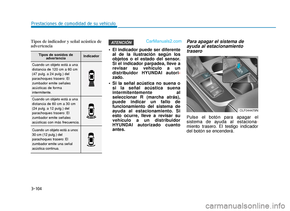 Hyundai Sonata 2016 Manual del propietario (in Spanish) 3-104
Prestaciones de comodidad de su vehículo
Tipos de indicador y señal acústica de
advertencia
El indicador puede ser diferenteal de la ilustración según los
objetos o el estado del sensor.
S Hyundai Sonata 2016 Manual del propietario (in Spanish) 3-104
Prestaciones de comodidad de su vehículo
Tipos de indicador y señal acústica de
advertencia
El indicador puede ser diferenteal de la ilustración según los
objetos o el estado del sensor.
S
