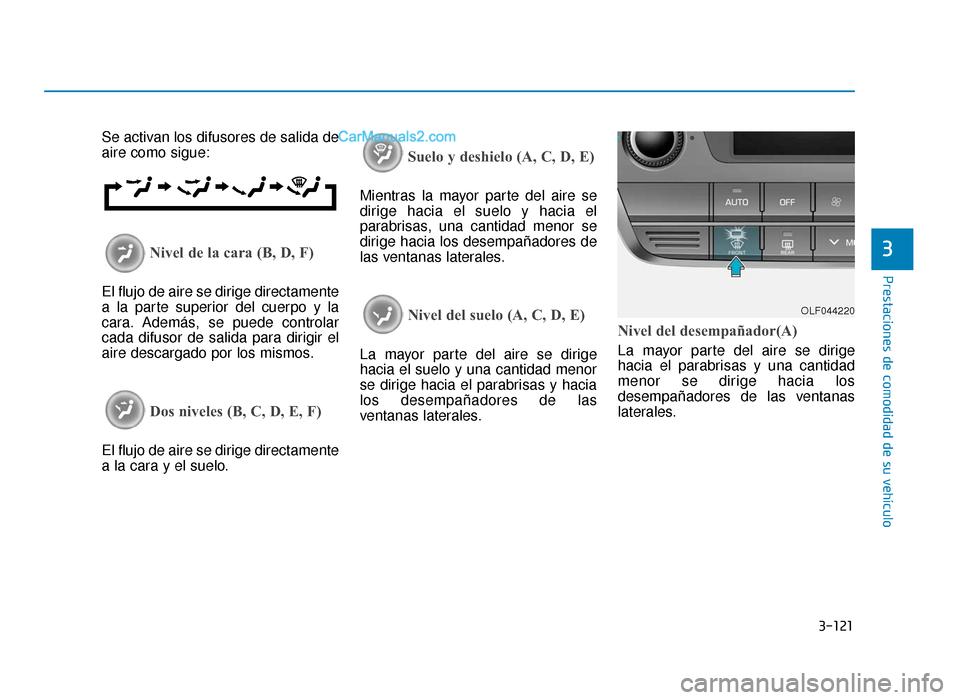 Hyundai Sonata 2016 Manual del propietario (in Spanish) 3-121
Prestaciones de comodidad de su vehículo
3
Se activan los difusores de salida de
aire como sigue:
Nivel de la cara (B, D, F)
El flujo de aire se dirige directamente
a la parte superior del cuer Hyundai Sonata 2016 Manual del propietario (in Spanish) 3-121
Prestaciones de comodidad de su vehículo
3
Se activan los difusores de salida de
aire como sigue:
Nivel de la cara (B, D, F)
El flujo de aire se dirige directamente
a la parte superior del cuer