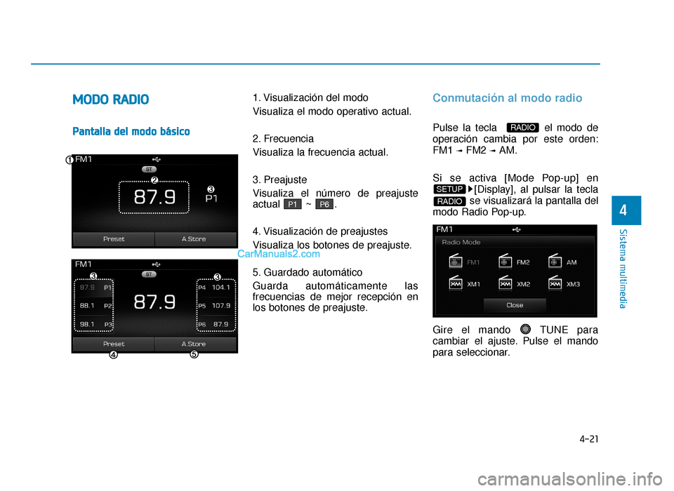 Hyundai Sonata 2016 Manual del propietario (in Spanish) 4-21
Sistema multimedia
4
M
MO
OD
DO
O
R
R A
A D
DI
IO
O
P
P a
an
n t
ta
a l
ll
la
a
d
d e
el
l
m
m o
od
do
o
b
b á
ás
si
ic
c o
o 1. Visualización del modo
Visualiza el modo operativo Hyundai Sonata 2016 Manual del propietario (in Spanish) 4-21
Sistema multimedia
4
M
MO
OD
DO
O
R
R A
A D
DI
IO
O
P
P a
an
n t
ta
a l
ll
la
a
d
d e
el
l
m
m o
od
do
o
b
b á
ás
si
ic
c o
o 1. Visualización del modo
Visualiza el modo operativo