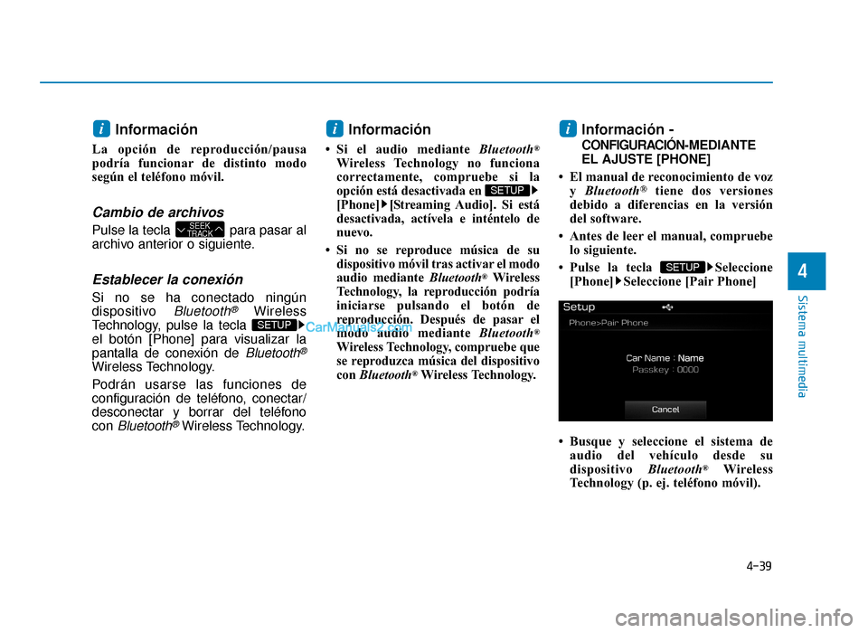 Hyundai Sonata 2016 Manual del propietario (in Spanish) 4-39
Sistema multimedia
4
Información
La opción de reproducción/pausa
podrÃa funcionar de distinto modo
según el teléfono móvil.
Cambio de archivos
Pulse la tecla para pasar al
archivo anteri Hyundai Sonata 2016 Manual del propietario (in Spanish) 4-39
Sistema multimedia
4
Información
La opción de reproducción/pausa
podrÃa funcionar de distinto modo
según el teléfono móvil.
Cambio de archivos
Pulse la tecla para pasar al
archivo anteri