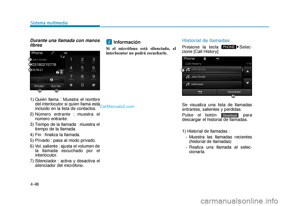 Hyundai Sonata 2016 Manual del propietario (in Spanish) 4-48
Sistema multimedia
Durante una llamada con manoslibres
1) Quién llama : Muestra el nombre
del interlocutor si quien llama está
incluido en la lista de contactos.
2) Número entrante : muestra e Hyundai Sonata 2016 Manual del propietario (in Spanish) 4-48
Sistema multimedia
Durante una llamada con manoslibres
1) Quién llama : Muestra el nombre
del interlocutor si quien llama está
incluido en la lista de contactos.
2) Número entrante : muestra e