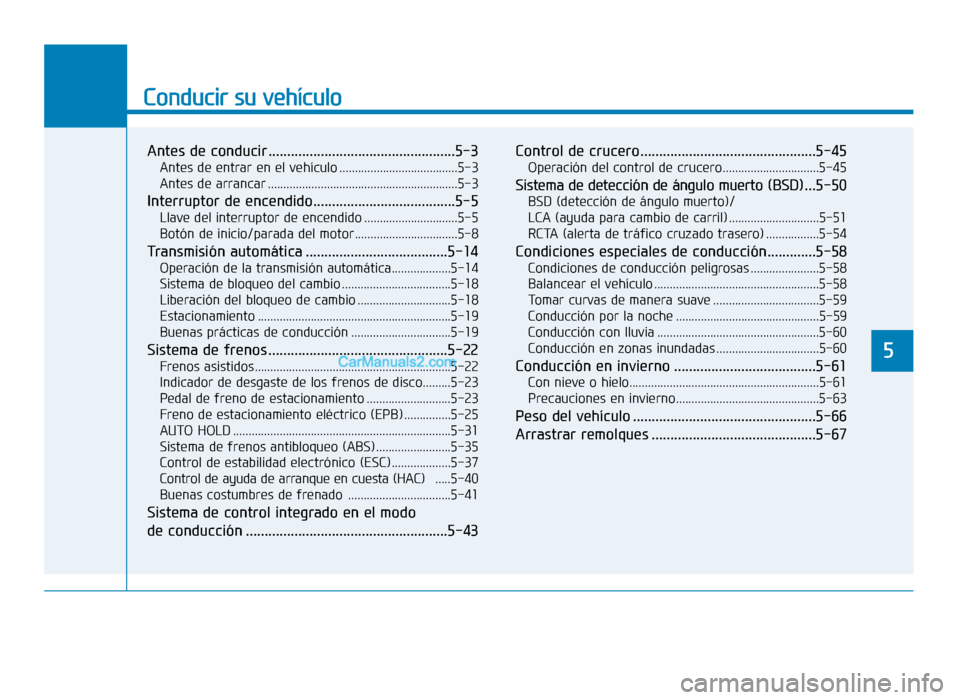 Hyundai Sonata 2016 Manual del propietario (in Spanish) Conducir su vehículo
5
Antes de conducir ..................................................5-3
Antes de entrar en el vehículo ......................................5-3
Antes de arrancar ............ Hyundai Sonata 2016 Manual del propietario (in Spanish) Conducir su vehículo
5
Antes de conducir ..................................................5-3
Antes de entrar en el vehículo ......................................5-3
Antes de arrancar ............