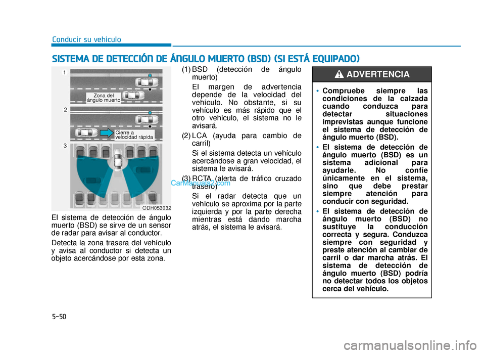 Hyundai Sonata 2016 Manual del propietario (in Spanish) 5-50
Conducir su vehículo
El sistema de detección de ángulo
muerto (BSD) se sirve de un sensor
de radar para avisar al conductor.
Detecta la zona trasera del vehículo
y avisa al conductor si detec Hyundai Sonata 2016 Manual del propietario (in Spanish) 5-50
Conducir su vehículo
El sistema de detección de ángulo
muerto (BSD) se sirve de un sensor
de radar para avisar al conductor.
Detecta la zona trasera del vehículo
y avisa al conductor si detec