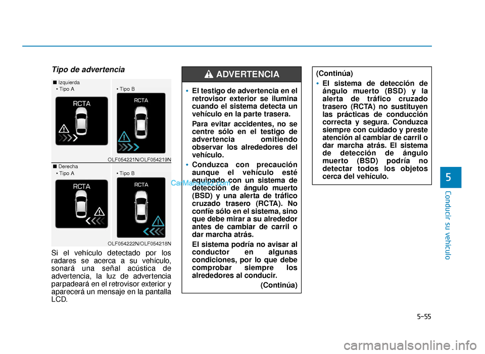 Hyundai Sonata 2016 Manual del propietario (in Spanish) 5-55
Conducir su vehículo
5
Tipo de advertencia
Si el vehículo detectado por los
radares se acerca a su vehículo,
sonará una señal acústica de
advertencia, la luz de advertencia
parpadeará en e Hyundai Sonata 2016 Manual del propietario (in Spanish) 5-55
Conducir su vehículo
5
Tipo de advertencia
Si el vehículo detectado por los
radares se acerca a su vehículo,
sonará una señal acústica de
advertencia, la luz de advertencia
parpadeará en e