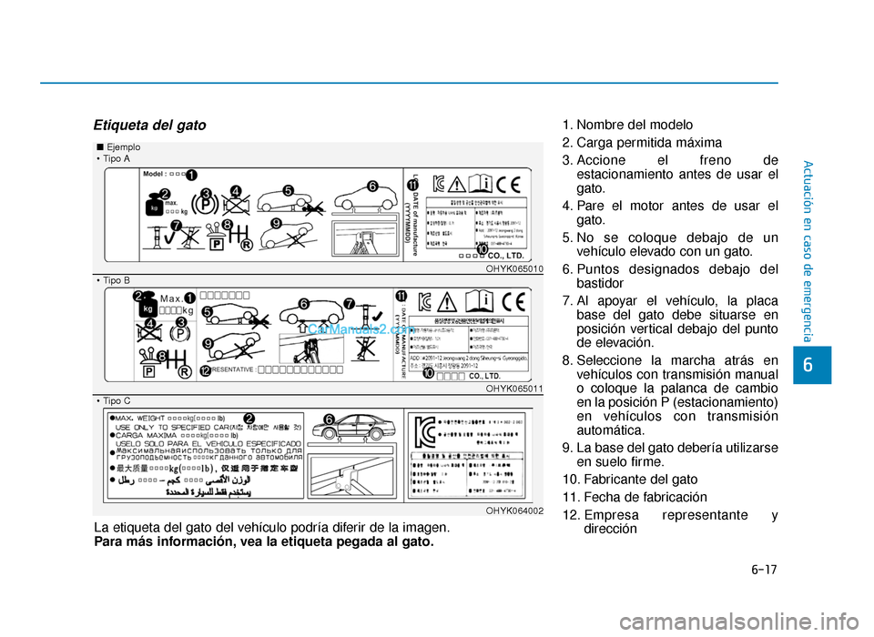Hyundai Sonata 2016 Manual del propietario (in Spanish) 6-17
Actuación en caso de emergencia
6
Etiqueta del gato1. Nombre del modelo
2. Carga permitida máxima
3. Accione el freno deestacionamiento antes de usar el
gato.
4. Pare el motor antes de usar el Hyundai Sonata 2016 Manual del propietario (in Spanish) 6-17
Actuación en caso de emergencia
6
Etiqueta del gato1. Nombre del modelo
2. Carga permitida máxima
3. Accione el freno deestacionamiento antes de usar el
gato.
4. Pare el motor antes de usar el