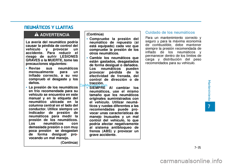 Hyundai Sonata 2016 Manual del propietario (in Spanish) 7-35
7
Mantenimiento
N
NE
EU
U M
M Á
ÁT
TI
IC
C O
O S
S
Y
Y
L
L L
LA
A N
N T
TA
A S
S
Cuidado de los neumáticos
Para un mantenimiento correcto y
seguro y para la máxima economía
de combustib Hyundai Sonata 2016 Manual del propietario (in Spanish) 7-35
7
Mantenimiento
N
NE
EU
U M
M Á
ÁT
TI
IC
C O
O S
S
Y
Y
L
L L
LA
A N
N T
TA
A S
S
Cuidado de los neumáticos
Para un mantenimiento correcto y
seguro y para la máxima economía
de combustib