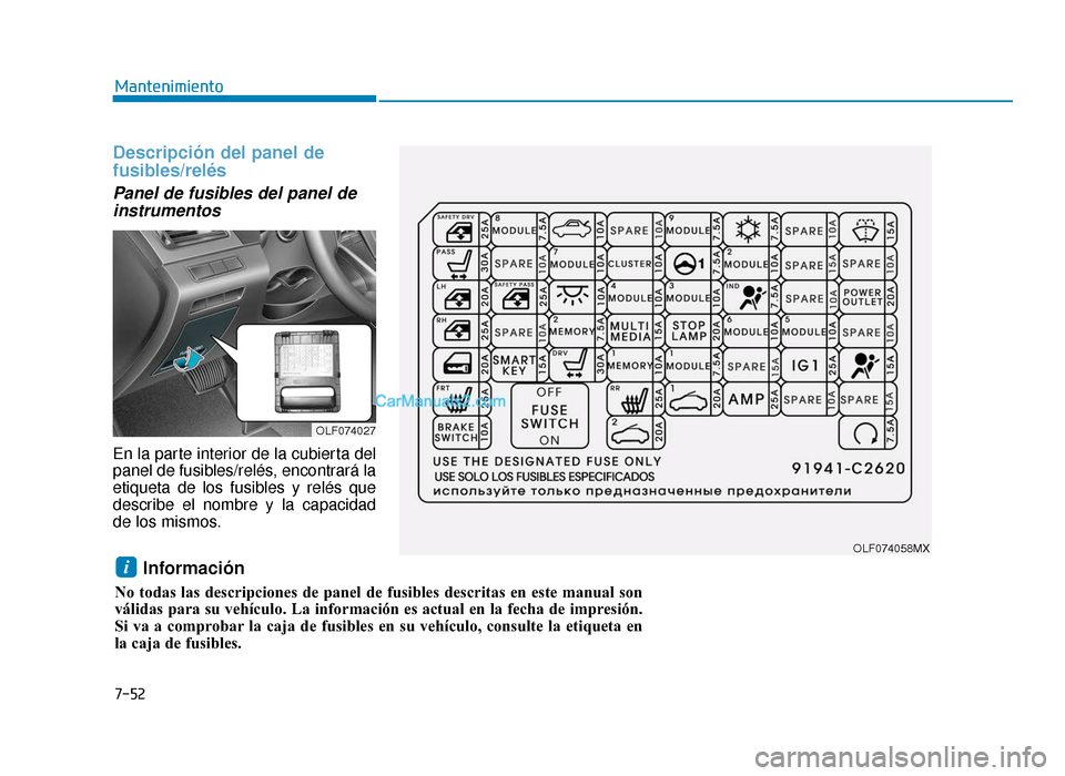 Hyundai Sonata 2016 Manual del propietario (in Spanish) 7-52
Mantenimiento
Descripción del panel de
fusibles/relés
Panel de fusibles del panel deinstrumentos
En la parte interior de la cubierta del
panel de fusibles/relés, encontrará la
etiqueta Hyundai Sonata 2016 Manual del propietario (in Spanish) 7-52
Mantenimiento
Descripción del panel de
fusibles/relés
Panel de fusibles del panel deinstrumentos
En la parte interior de la cubierta del
panel de fusibles/relés, encontrará la
etiqueta