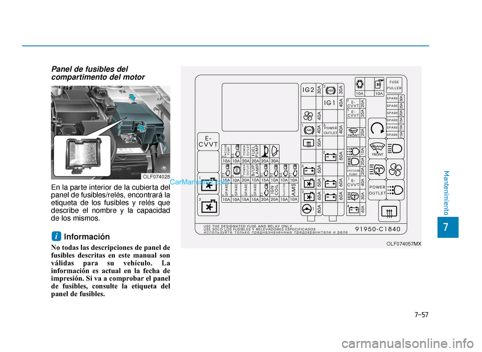Hyundai Sonata 2016 Manual del propietario (in Spanish) 7-57
7
Mantenimiento
Panel de fusibles delcompartimento del motor
En la parte interior de la cubierta del
panel de fusibles/relés, encontrará la
etiqueta de los fusibles y relés que
describe el nom Hyundai Sonata 2016 Manual del propietario (in Spanish) 7-57
7
Mantenimiento
Panel de fusibles delcompartimento del motor
En la parte interior de la cubierta del
panel de fusibles/relés, encontrará la
etiqueta de los fusibles y relés que
describe el nom