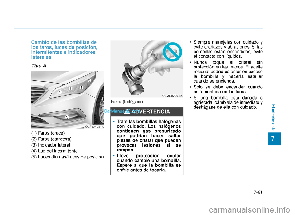 Hyundai Sonata 2016 Manual del propietario (in Spanish) 7-61
7
Mantenimiento
Cambio de las bombillas de
los faros, luces de posición,
intermitentes e indicadores
laterales
Tipo A
(1) Faros (cruce)
(2) Faros (carretera)
(3) Indicador lateral
(4) Luz del in Hyundai Sonata 2016 Manual del propietario (in Spanish) 7-61
7
Mantenimiento
Cambio de las bombillas de
los faros, luces de posición,
intermitentes e indicadores
laterales
Tipo A
(1) Faros (cruce)
(2) Faros (carretera)
(3) Indicador lateral
(4) Luz del in