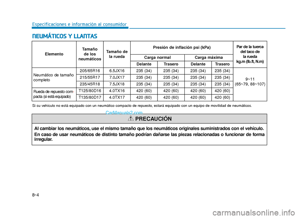 Hyundai Sonata 2016 Manual del propietario (in Spanish) 8-4
Especificaciones e información al consumidor
N
NE
EU
U M
M Á
ÁT
TI
IC
C O
O S
S
Y
Y
L
L L
LA
A N
N T
TA
A S
S
Al cambiar los neumáticos, use el mismo tamaño que los neumáticos originale Hyundai Sonata 2016 Manual del propietario (in Spanish) 8-4
Especificaciones e información al consumidor
N
NE
EU
U M
M Á
ÁT
TI
IC
C O
O S
S
Y
Y
L
L L
LA
A N
N T
TA
A S
S
Al cambiar los neumáticos, use el mismo tamaño que los neumáticos originale