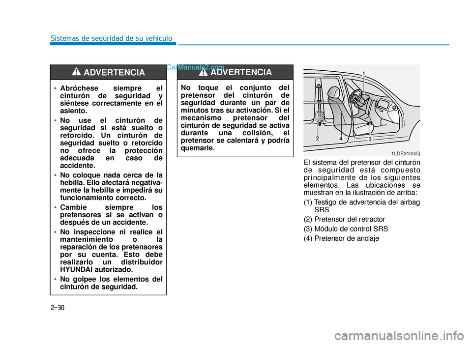 Hyundai Sonata 2016 Manual del propietario (in Spanish) 2-30
Sistemas de seguridad de su vehículoEl sistema del pretensor del cinturón
de seguridad está compuesto
principalmente de los siguientes
elementos. Las ubicaciones se
muestran en la ilustración Hyundai Sonata 2016 Manual del propietario (in Spanish) 2-30
Sistemas de seguridad de su vehículoEl sistema del pretensor del cinturón
de seguridad está compuesto
principalmente de los siguientes
elementos. Las ubicaciones se
muestran en la ilustración