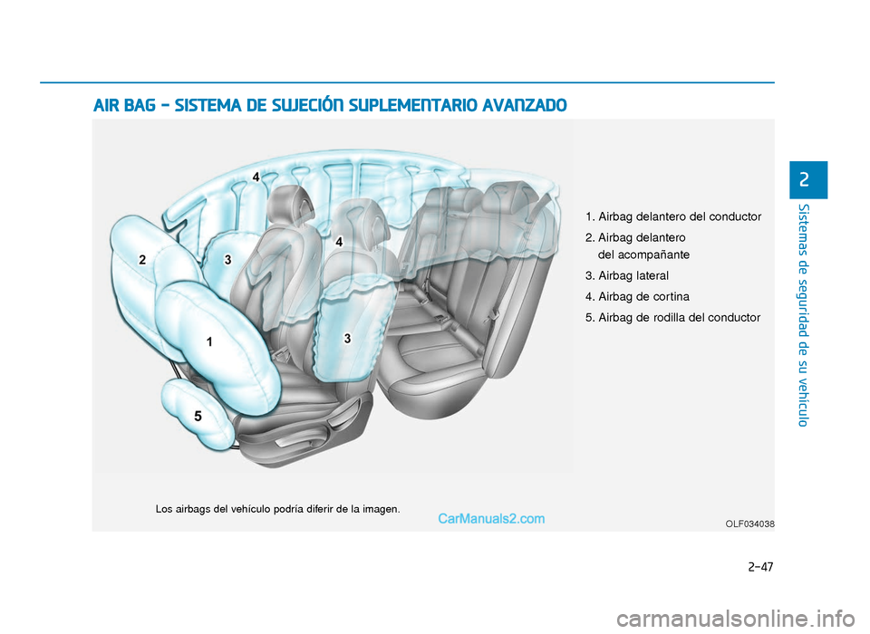 Hyundai Sonata 2016 Manual del propietario (in Spanish) 2-47
Sistemas de seguridad de su vehículo
2
A
AI
IR
R
B
B A
A G
G
-
-
S
S I
IS
S T
T E
EM
M A
A
D
D E
E
S
S U
U J
JE
E C
CI
IÓ
Ó N
N
S
S U
U P
PL
LE
E M
M E
EN
N T
TA
A R
RI
IO
O
Hyundai Sonata 2016 Manual del propietario (in Spanish) 2-47
Sistemas de seguridad de su vehículo
2
A
AI
IR
R
B
B A
A G
G
-
-
S
S I
IS
S T
T E
EM
M A
A
D
D E
E
S
S U
U J
JE
E C
CI
IÓ
Ó N
N
S
S U
U P
PL
LE
E M
M E
EN
N T
TA
A R
RI
IO
O