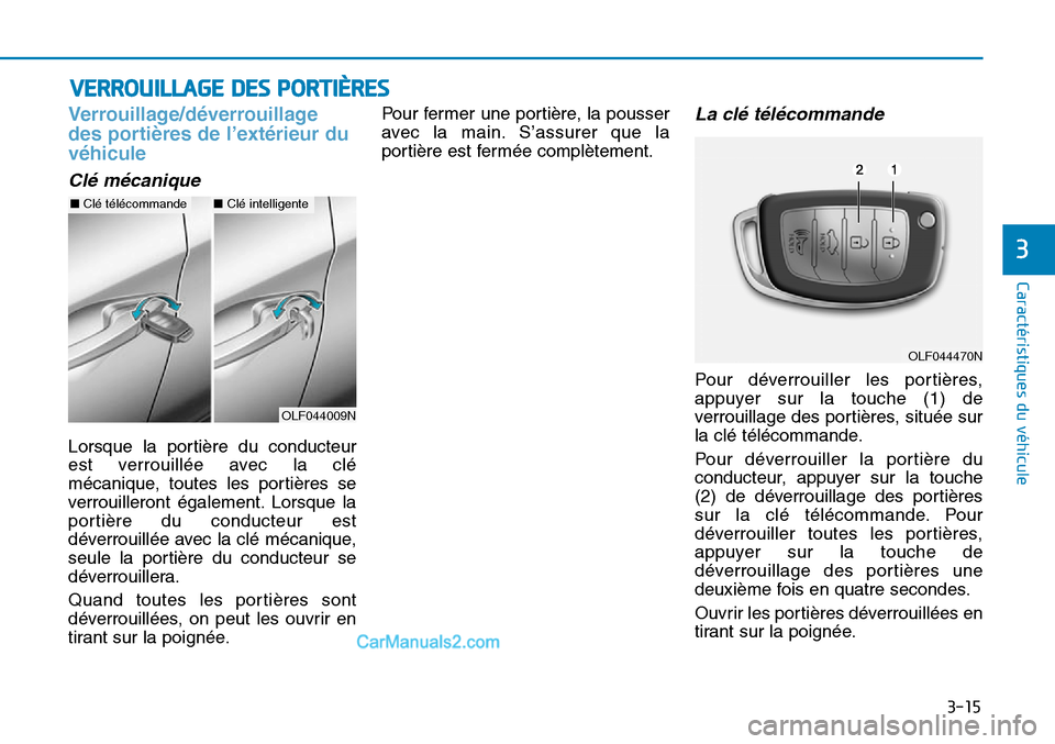 Hyundai Sonata 2016  Manuel du propriétaire (in French) 3-15
Caractéristiques du véhicule
3
Verrouillage/déverrouillage
des portières de l’extérieur du
véhicule
Clé mécanique
Lorsque la portière du conducteur
est verrouillée avec la clé
mécan