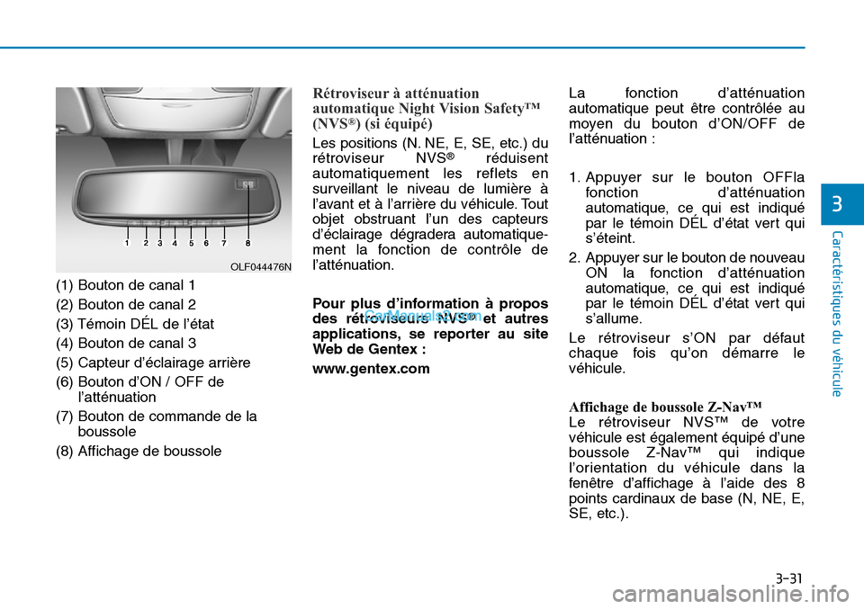 Hyundai Sonata 2016 Manuel du propriétaire (in French) 3-31
Caractéristiques du véhicule
3
(1) Bouton de canal 1
(2) Bouton de canal 2
(3) Témoin DÉL de l’état
(4) Bouton de canal 3
(5) Capteur d’éclairage arrière
(6) Bouton d’ON / OFF del’ Hyundai Sonata 2016 Manuel du propriétaire (in French) 3-31
Caractéristiques du véhicule
3
(1) Bouton de canal 1
(2) Bouton de canal 2
(3) Témoin DÉL de l’état
(4) Bouton de canal 3
(5) Capteur d’éclairage arrière
(6) Bouton d’ON / OFF del’