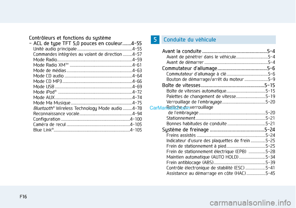 Hyundai Sonata 2016 Manuel du propriétaire (in French) F16F16
Contrôleurs et fonctions du système
- ACL de type TFT 5,0 pouces en couleur.......4-55
Unité audio principale ....................................................4-55
Commandes intégrées a Hyundai Sonata 2016 Manuel du propriétaire (in French) F16F16
Contrôleurs et fonctions du système
- ACL de type TFT 5,0 pouces en couleur.......4-55
Unité audio principale ....................................................4-55
Commandes intégrées a