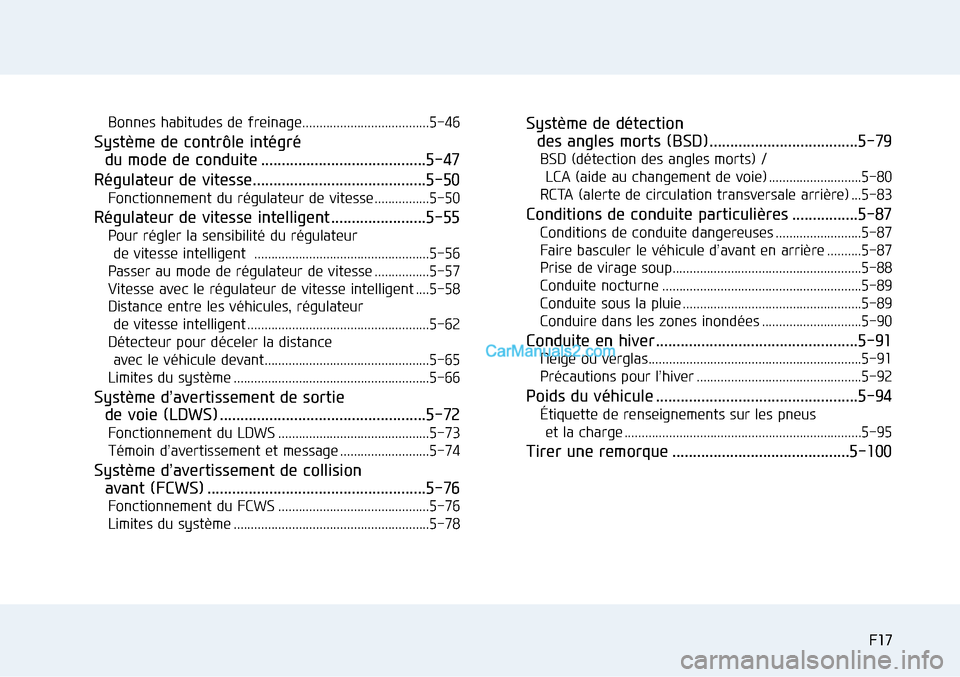 Hyundai Sonata 2016 Manuel du propriétaire (in French) F17F17
Bonnes habitudes de freinage.....................................5-46
Système de contrôle intégré
du mode de conduite ........................................5-47
Régulateur de vitesse... Hyundai Sonata 2016 Manuel du propriétaire (in French) F17F17
Bonnes habitudes de freinage.....................................5-46
Système de contrôle intégré
du mode de conduite ........................................5-47
Régulateur de vitesse...