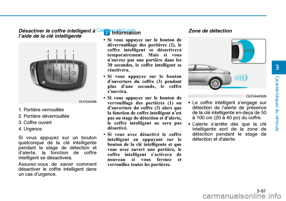 Hyundai Sonata 2016  Manuel du propriétaire (in French) 3-61
Caractéristiques du véhicule
3
Désactiver le coffre intelligent àl’aide de la clé intelligente
1. Portière verrouillée
2. Portière déverrouillée
3. Coffre ouvert
4. Urgence
Si vous ap