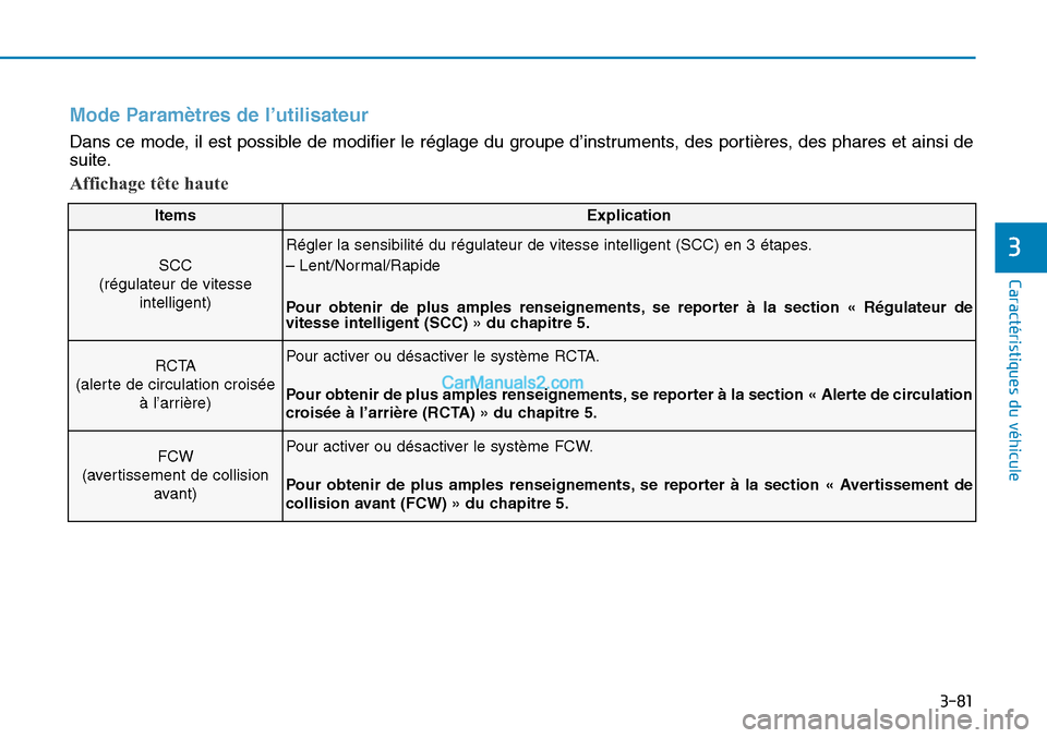 Hyundai Sonata 2016  Manuel du propriétaire (in French) 3-81
Caractéristiques du véhicule
3
Mode Paramètres de l’utilisateur
Dans ce mode, il est possible de modifier le réglage du groupe d’instruments, des portières, des phares et ainsi de
suite.