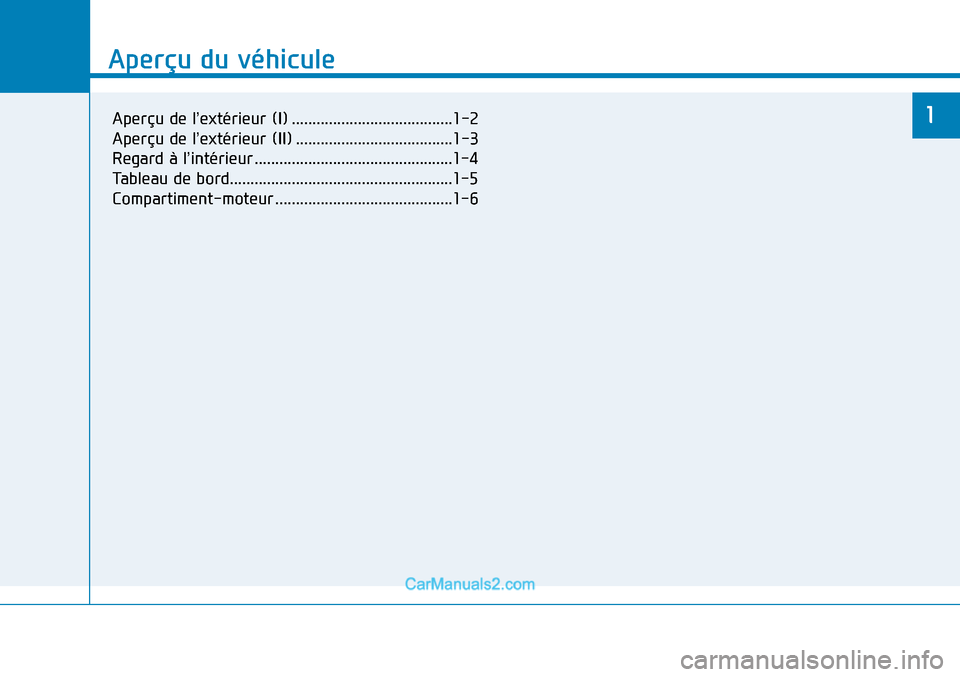 Hyundai Sonata 2016 Manuel du propriétaire (in French) Aperçu du véhicule
1
Aperçu du véhicule
1Aperçu de l’extérieur (I) .......................................1-2
Aperçu de l’extérieur (II) ......................................1-3
Regard à Hyundai Sonata 2016 Manuel du propriétaire (in French) Aperçu du véhicule
1
Aperçu du véhicule
1Aperçu de l’extérieur (I) .......................................1-2
Aperçu de l’extérieur (II) ......................................1-3
Regard à