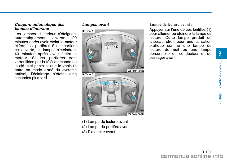 Hyundai Sonata 2016 Manuel du propriétaire (in French) 3-121
Caractéristiques du véhicule
3
Coupure automatique deslampes d’intérieur
Les lampes d’intérieur s’éteignent
automatiquement environ 20
minutes après avoir éteint le moteur
et fermé Hyundai Sonata 2016 Manuel du propriétaire (in French) 3-121
Caractéristiques du véhicule
3
Coupure automatique deslampes d’intérieur
Les lampes d’intérieur s’éteignent
automatiquement environ 20
minutes après avoir éteint le moteur
et fermé