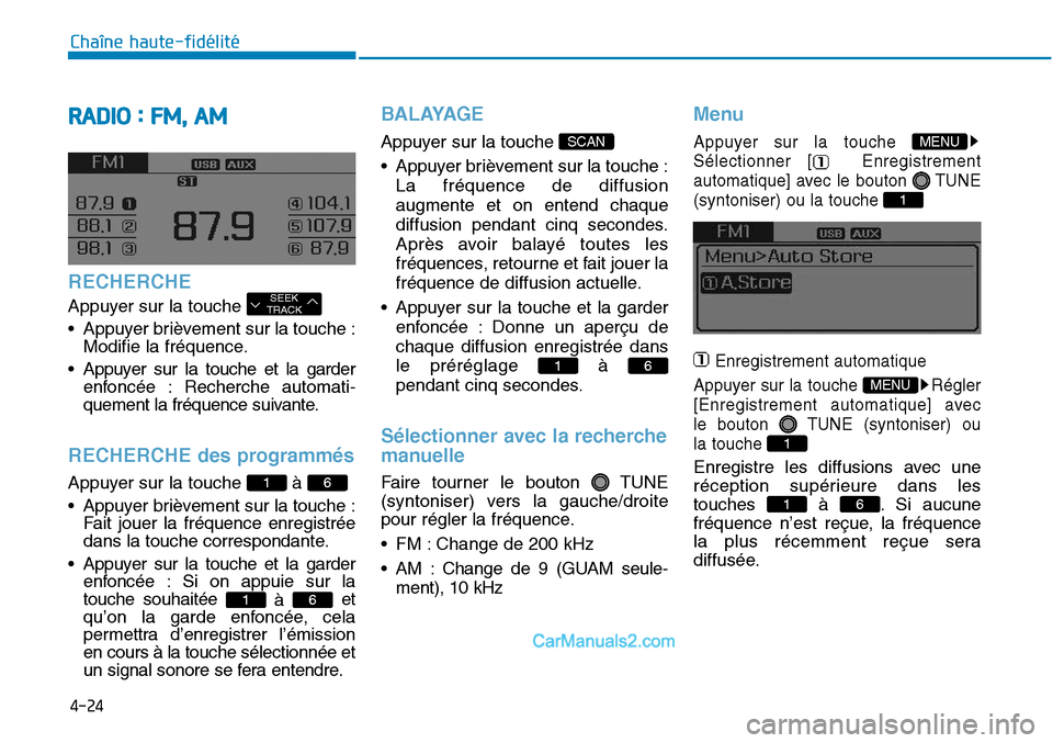 Hyundai Sonata 2016 Manuel du propriétaire (in French) 4-24
Chaîne haute-fidélité
RADIO : FM, AM
RECHERCHE
Appuyer sur la touche
• Appuyer brièvement sur la touche :Modifie la fréquence.
• Appuyer sur la touche et la garder enfoncée : Recherch Hyundai Sonata 2016 Manuel du propriétaire (in French) 4-24
Chaîne haute-fidélité
RADIO : FM, AM
RECHERCHE
Appuyer sur la touche
• Appuyer brièvement sur la touche :Modifie la fréquence.
• Appuyer sur la touche et la garder enfoncée : Recherch