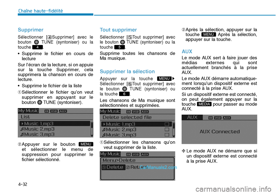 Hyundai Sonata 2016  Manuel du propriétaire (in French) 4-32
Chaîne haute-fidélité
Supprimer
Sélectionner [ Supprimer] avec le
bouton  TUNE (syntoniser) ou la
touche .
• Supprime le fichier en cours delecture
Sur l’écran de la lecture, si on appui
