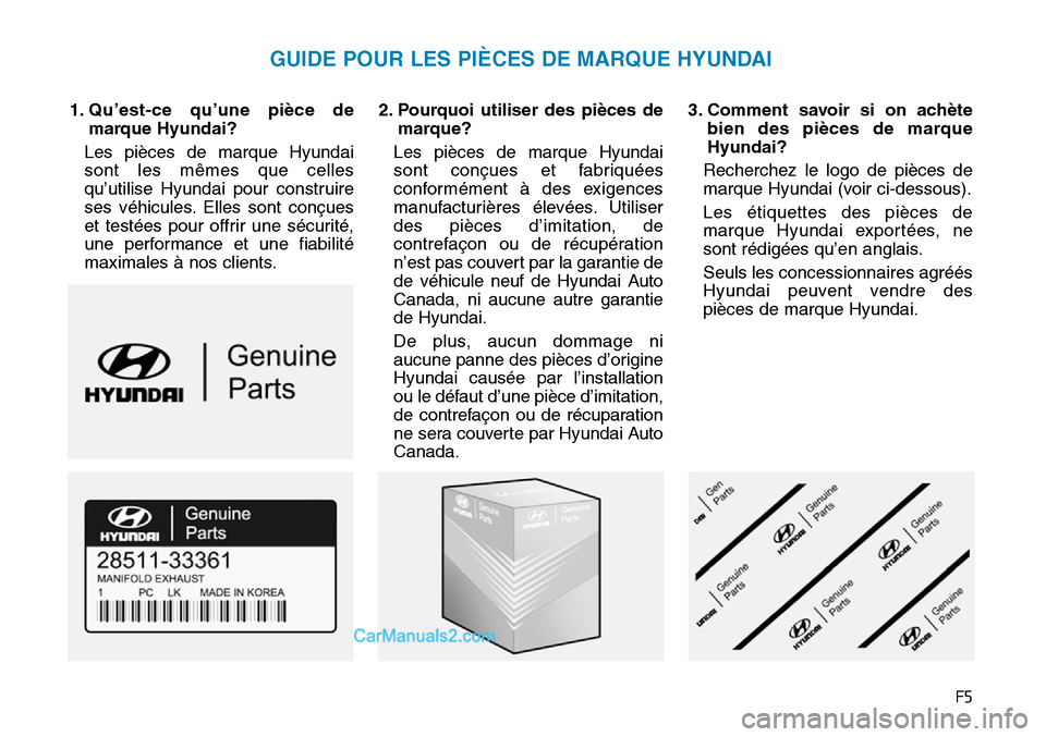 Hyundai Sonata 2016  Manuel du propriétaire (in French) F5
1. Qu’est-ce qu’une pièce demarque Hyundai?
Les pièces de marque Hyundai
sont les mêmes que celles
qu’utilise Hyundai pour construire
ses véhicules. Elles sont conçues
et testées pour o