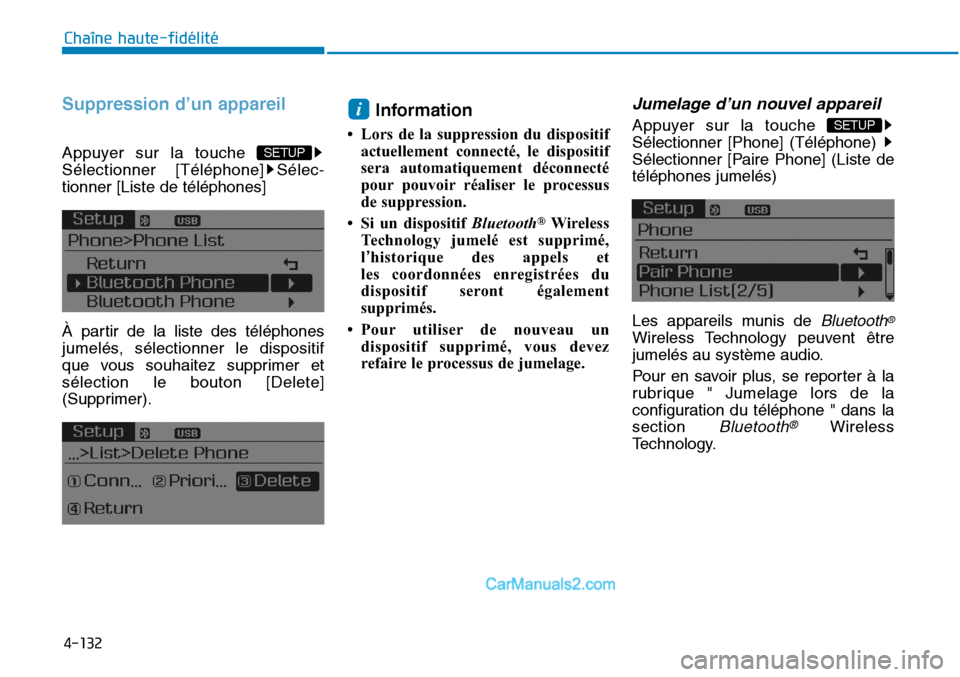 Hyundai Sonata 2016  Manuel du propriétaire (in French) 4-132
Chaîne haute-fidélité
Suppression d’un appareil
Appuyer sur la touche 
Sélectionner [Téléphone] Sélec-
tionner [Liste de téléphones]
À partir de la liste des téléphones
jumelés, s