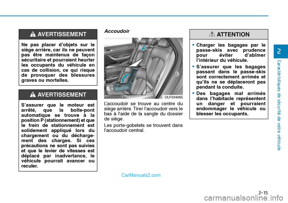 Hyundai Sonata 2016  Manuel du propriétaire (in French) 2-15
Caractéristiques de sécurité de votre véhicule
2
Accoudoir
L’accoudoir se trouve au centre du
siège arrière. Tirer l’accoudoir vers le
bas à l’aide de la sangle du dossier
de siège.