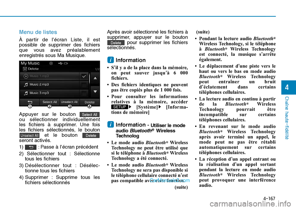 Hyundai Sonata 2016 Manuel du propriétaire (in French) 4-167
Chaîne haute-fidélité
4
Menu de listes
À partir de l’écran Liste, il est
possible de supprimer des fichiers
que vous avez préalablement
enregistrés sous Ma Musique.
Appuyer sur le bouto Hyundai Sonata 2016 Manuel du propriétaire (in French) 4-167
Chaîne haute-fidélité
4
Menu de listes
À partir de l’écran Liste, il est
possible de supprimer des fichiers
que vous avez préalablement
enregistrés sous Ma Musique.
Appuyer sur le bouto