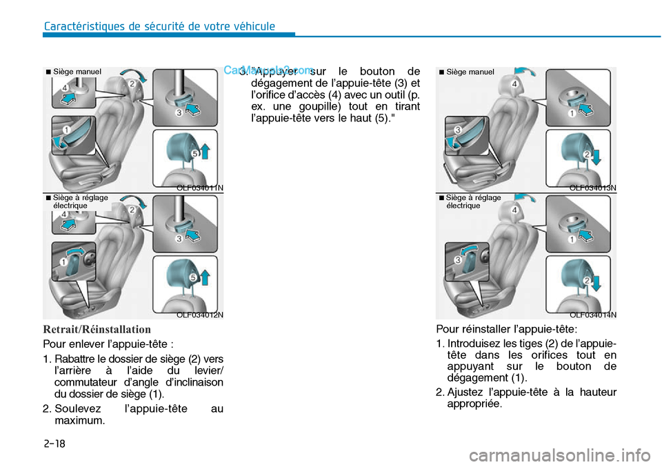 Hyundai Sonata 2016  Manuel du propriétaire (in French) 2-18
Caractéristiques de sécurité de votre véhicule
Retrait/Réinstallation
Pour enlever l’appuie-tête :
1. Rabattre le dossier de siège (2) versl’arrière à l’aide du levier/
commutateur