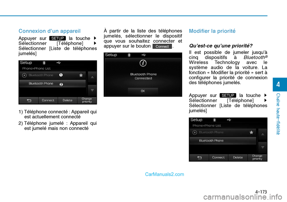 Hyundai Sonata 2016  Manuel du propriétaire (in French) 4-173
Chaîne haute-fidélité
4
Connexion d’un appareil
Appuyer sur  la touche 
Sélectionner [Téléphone] 
Sélectionner [Liste de téléphones
jumelés]
1) Téléphone connecté : Appareil quies