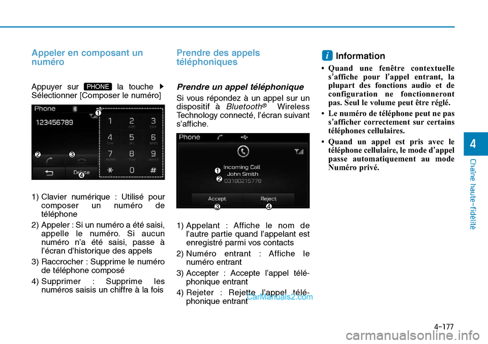Hyundai Sonata 2016  Manuel du propriétaire (in French) 4-177
Chaîne haute-fidélité
4
Appeler en composant un
numéro
Appuyer sur  la touche 
Sélectionner [Composer le numéro]
1) Clavier numérique : Utilisé pourcomposer un numéro de
téléphone
2) 