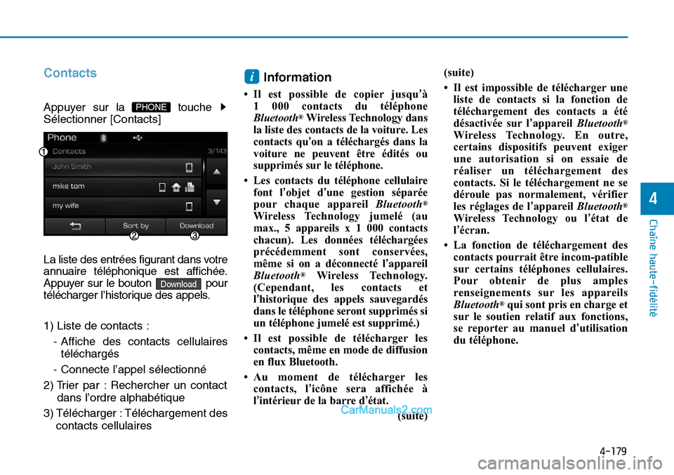 Hyundai Sonata 2016  Manuel du propriétaire (in French) 4-179
Chaîne haute-fidélité
4
Contacts
Appuyer sur la  touche 
Sélectionner [Contacts]
La liste des entrées figurant dans votre
annuaire téléphonique est affichée.
Appuyer sur le bouton  pour
