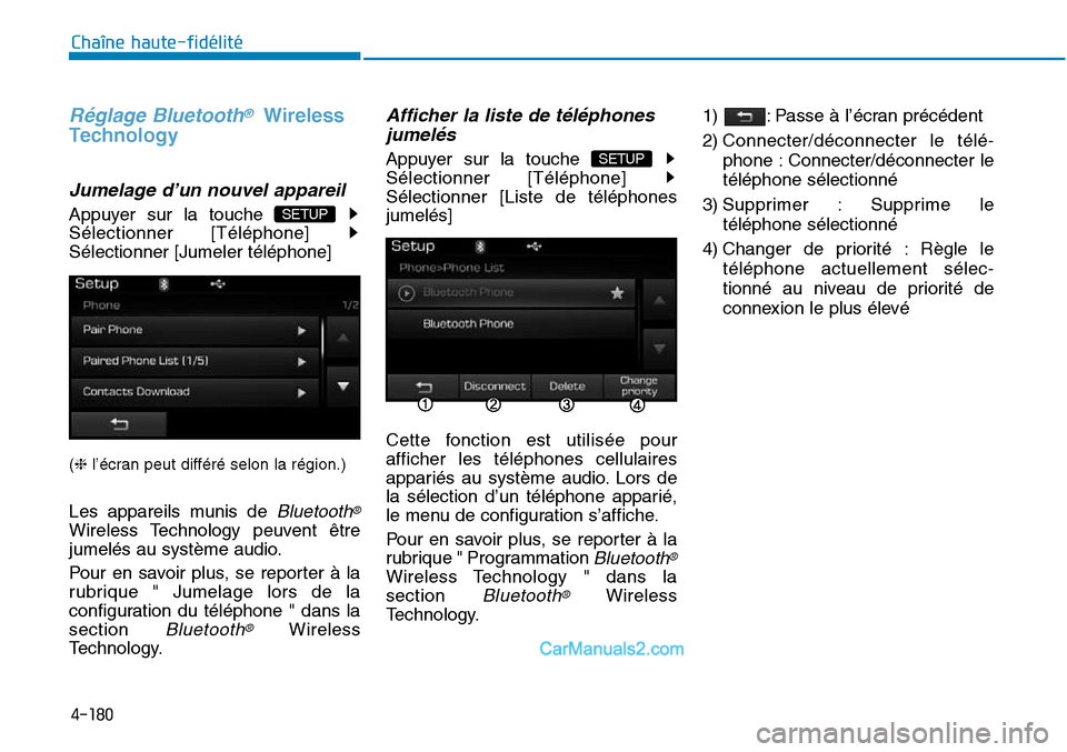 Hyundai Sonata 2016  Manuel du propriétaire (in French) 4-180
Chaîne haute-fidélité
Réglage Bluetooth®Wireless
Technology
Jumelage d’un nouvel appareil
Appuyer sur la touche 
Sélectionner [Téléphone] 
Sélectionner [Jumeler téléphone]
(❈ l’