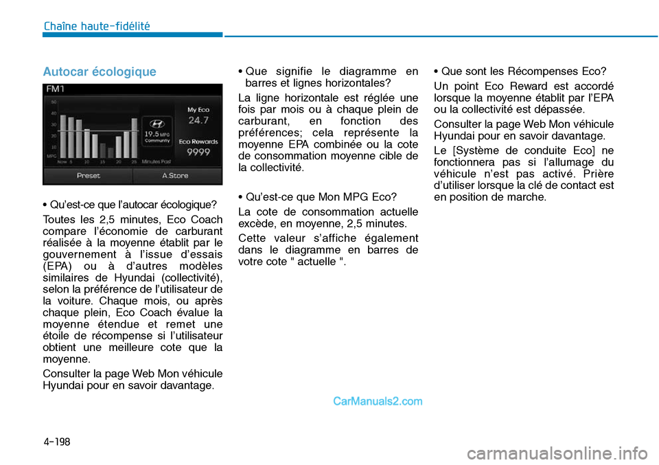 Hyundai Sonata 2016 Manuel du propriétaire (in French) 4-198
Chaîne haute-fidélité
Autocar écologique
• Qu’est-ce que l’autocar écologique?
Toutes les 2,5 minutes, Eco Coach
compare l’économie de carburant
réalisée à la moyenne établit p Hyundai Sonata 2016 Manuel du propriétaire (in French) 4-198
Chaîne haute-fidélité
Autocar écologique
• Qu’est-ce que l’autocar écologique?
Toutes les 2,5 minutes, Eco Coach
compare l’économie de carburant
réalisée à la moyenne établit p